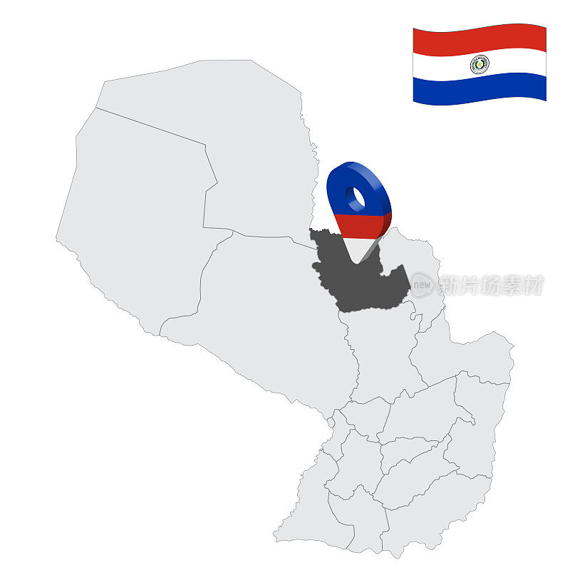 秘鲁地图上的康塞普西翁部门位置。3d位置标志类似于康塞普西翁的旗帜。质量地图与省巴拉圭共和国为您的设计。EPS10