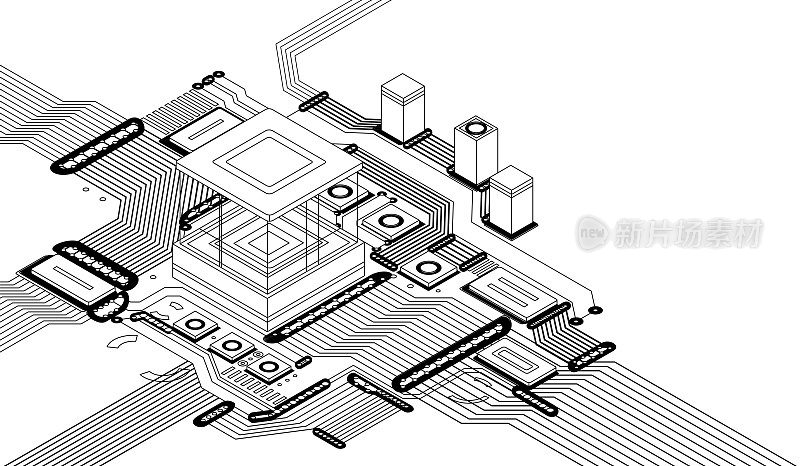 电子cpu数字芯片单色。主板或电路板上的处理器和电子元件。微芯片或微处理器，硬件工程。人工智能。区块链技术等距