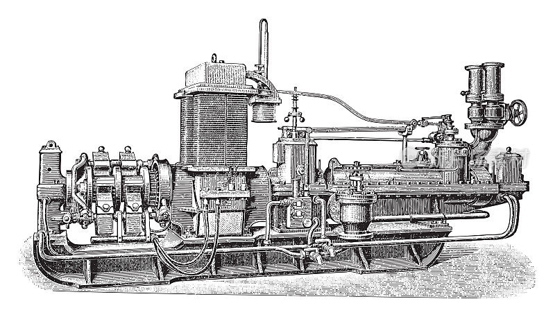 老式蒸汽轮机与发电机-老式雕刻插图