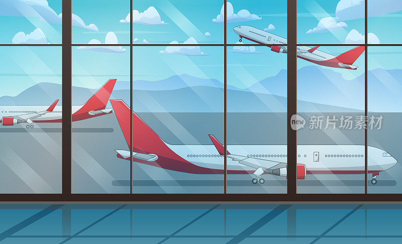 一间有玻璃墙的房间，窗外有一架正在飞行的飞机