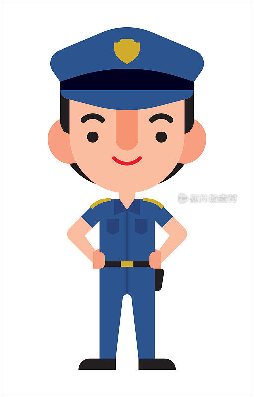 平面设计的卡通警察，双手放在腰上。向量人物插图