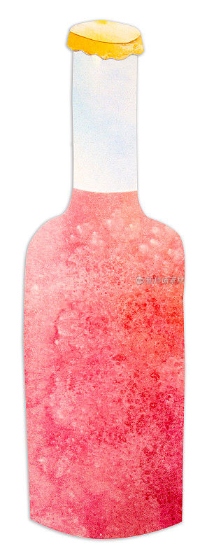 一瓶精致的比利时水果树莓草莓啤酒或甜粉色浆果苏打饮料。可爱的风格手绘剪纸水彩插图孤立在白色背景。