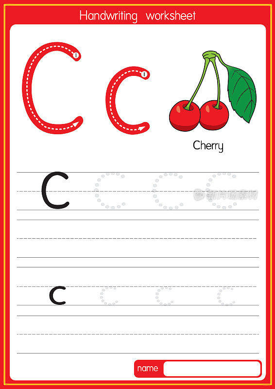 向量插图樱桃与字母C大写字母或大写字母的儿童学习练习ABC