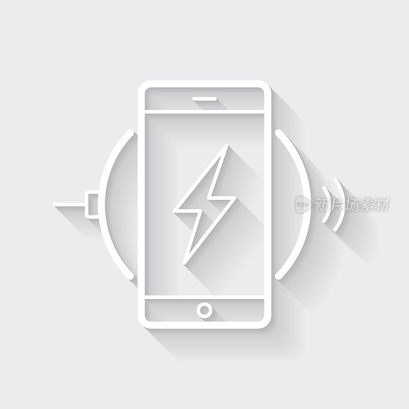 智能手机使用无线充电器充电。图标与空白背景上的长阴影-平面设计