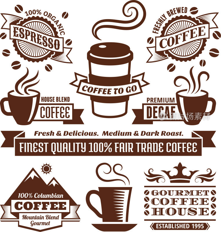 咖啡和咖啡厅优雅版税免费矢量艺术，横幅标签收集