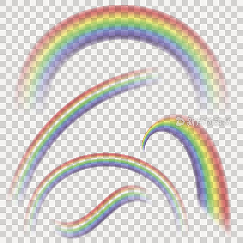 透明逼真的彩色彩虹集。彩虹集合孤立的透明矢量背景。