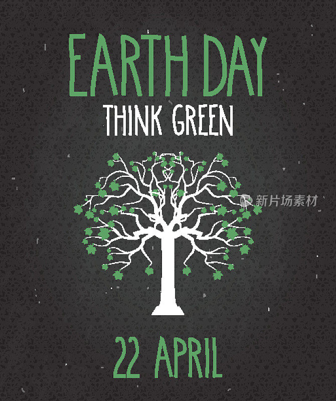 世界地球日海报上的黑色黑板和树。认为绿色