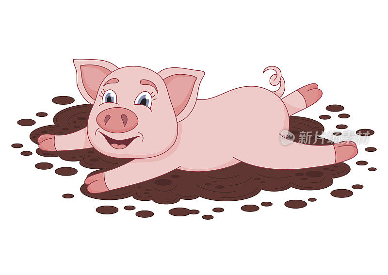 可爱的小猪在水坑里，滑稽的小猪在说谎和微笑