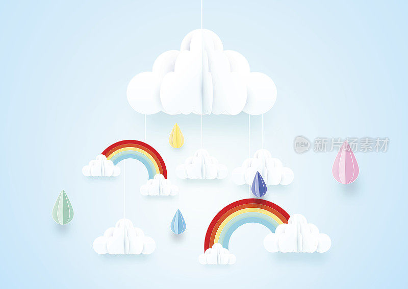 纸艺术的概念。雨和云与彩虹的背景