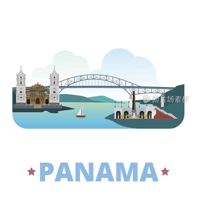 巴拿马国家平面卡通风格的历史景观展示网站矢量插图。世界度假旅行北美收藏。桥美洲大都会大教堂圣玛丽拉斯波维达斯。