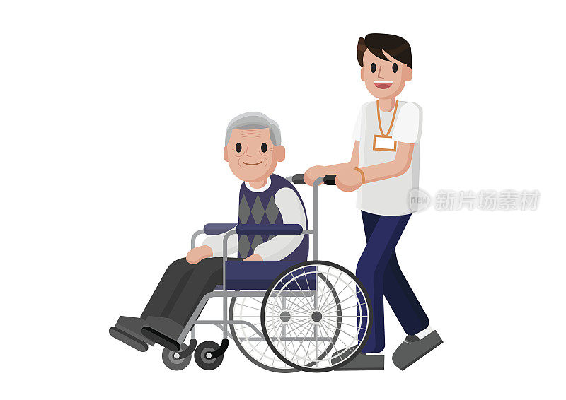 一个坐轮椅的老人和一个细心的人。年轻的志愿者照顾老人。
