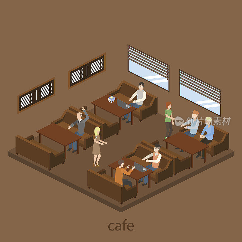咖啡厅咖啡厅内部的等距旗帜在棕色色调与服务员服务游客等距矢量插图