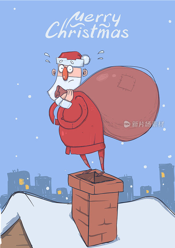圣诞贺卡的有趣困惑圣诞老人与大袋子的礼物在一个烟囱在雪城。圣诞老人看起来很尴尬。垂直的矢量图。卡通人物。刻字。副本的空间。