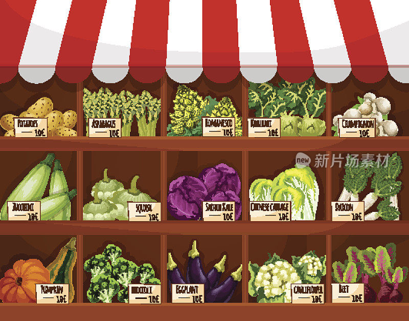 有新鲜蔬菜的蔬菜市场摊位