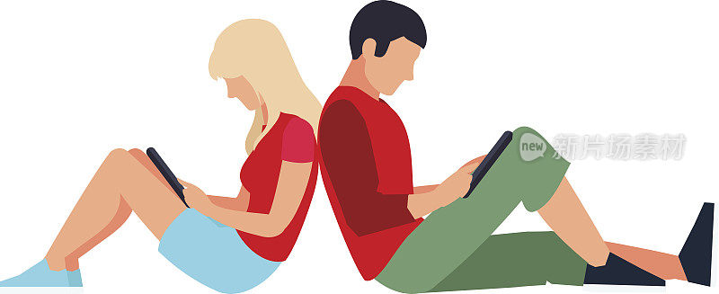 一对年轻人背靠背坐着用平板电脑阅读。