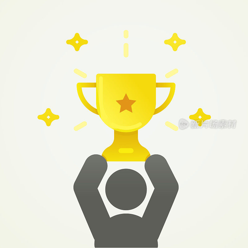 人物举着金杯。矢量插图的竞争获胜者。成功和成就的概念。