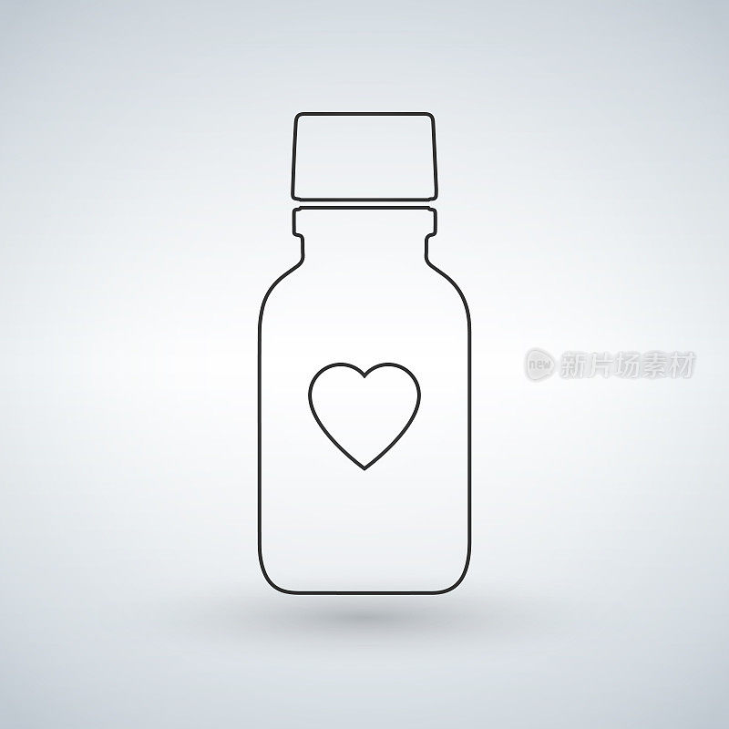 心形的线性药瓶图标。用于药片或胶囊的现代药瓶。平面风格矢量插图孤立在光背景。