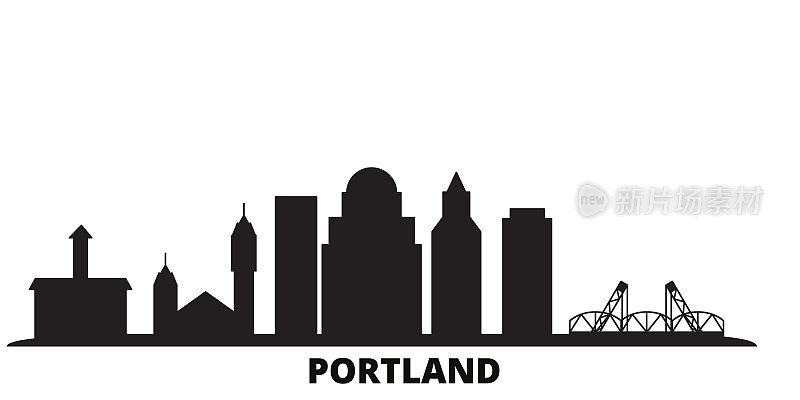 美国波特兰城市天际线孤立矢量插图。美国，波特兰旅游黑色城市景观