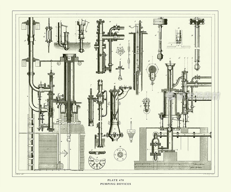 雕刻古董，抽水装置雕刻古董插图，出版于1851年