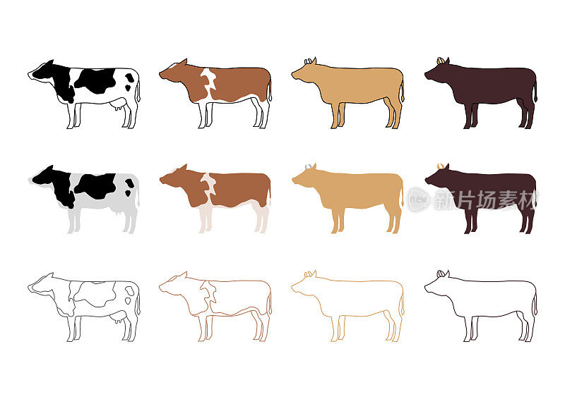矢量插图的牛收集。牛,牛,牛。图标集。