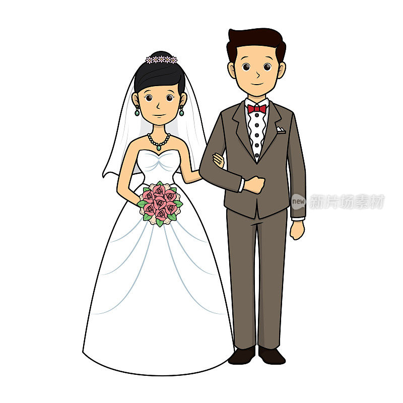 新娘和新郎站在婚纱上新娘手捧鲜花新郎的手臂站在白色的背景下拍摄肖像照片用于组装或为做家庭教育的母亲和教师制作教材。