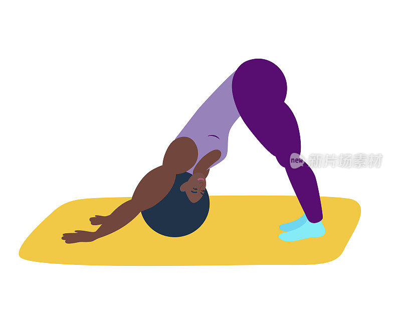 一个黑人女孩表演下一杠。一个非裔美国妇女在做瑜伽。一个运动女孩在做平板支撑体式。矢量插图在平面风格。健康的生活方式，修行
