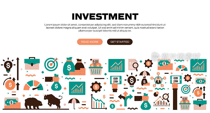 投资相关的矢量组的平面图标和网页横幅设计