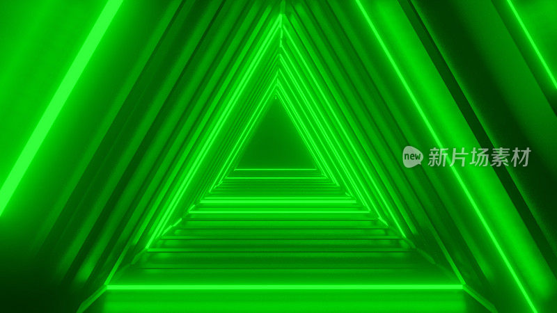 摘要绿色数字背景与字母A形状霓虹灯隧道。3d渲染，激光秀，夜总会室内灯光，发光线，抽象荧光背景走廊。
