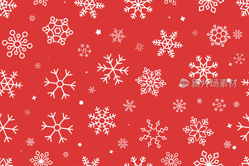 无缝的圣诞组成。红色背景上的白色雪花。圣诞雪花，冬天，除夕模板概念。矢量插图。
