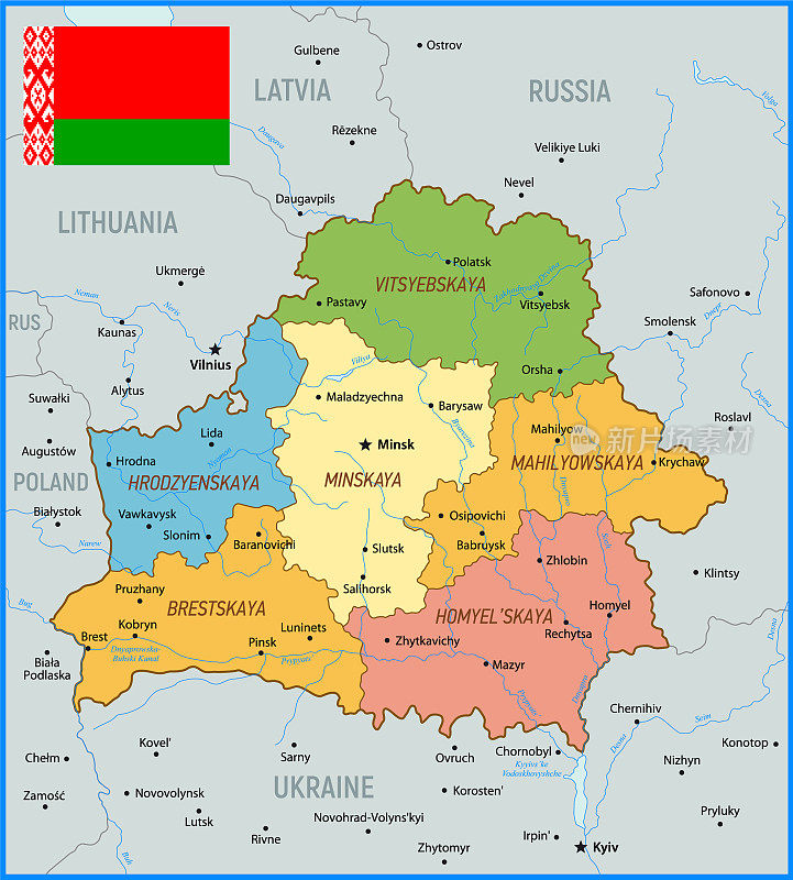 白俄罗斯矢量地图与区域，湖泊，河流，国旗和地理边界。复古风格的插图