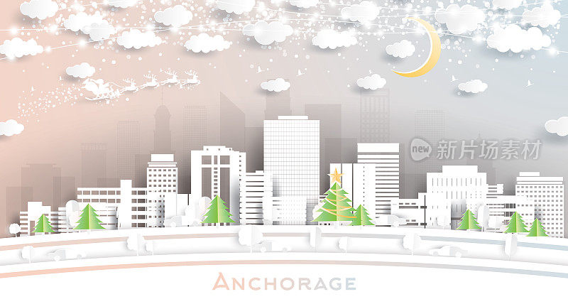 安克雷奇阿拉斯加美国城市天际线剪纸风格的雪花，月亮和霓虹灯花环。
