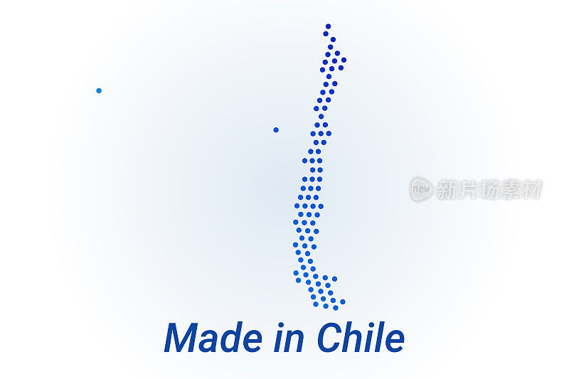 智利地图图标。矢量标志插图与文字在智利制造。蓝色半色调点背景。圆的像素。现代数字图形设计。