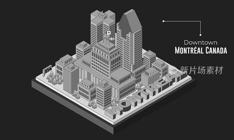 老式复古黑白等距摩天楼的蒙特利尔市中心与3D帝国大厦