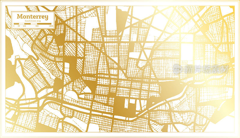 蒙特雷墨西哥城市地图在复古风格在金色。略图。