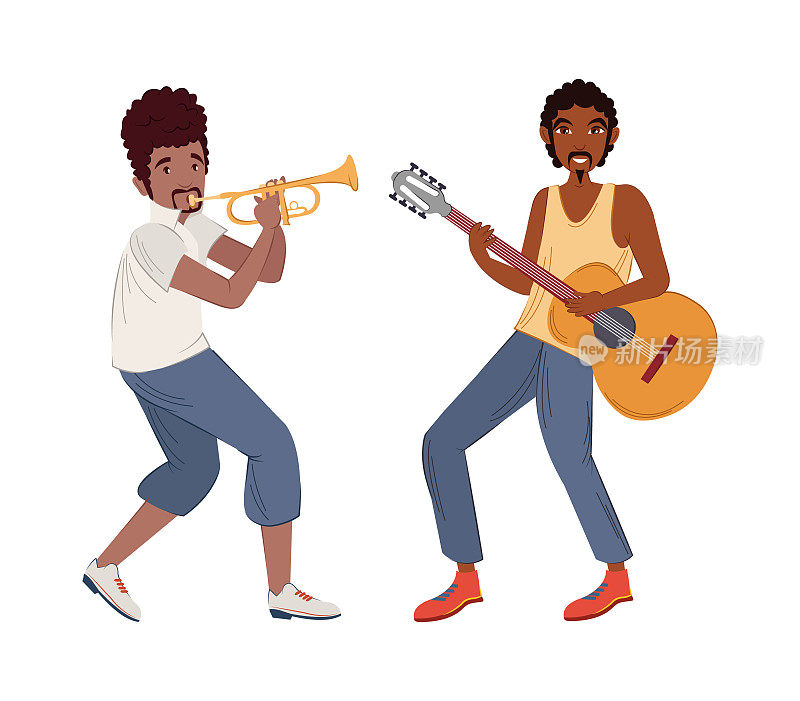 人们演奏各种乐器。非洲裔美国人一起演奏吉他和小号卡通向量