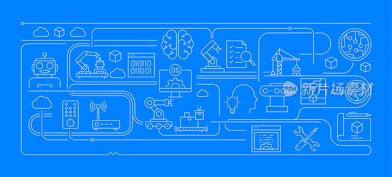 机器人工程相关的现代线条风格矢量插图
