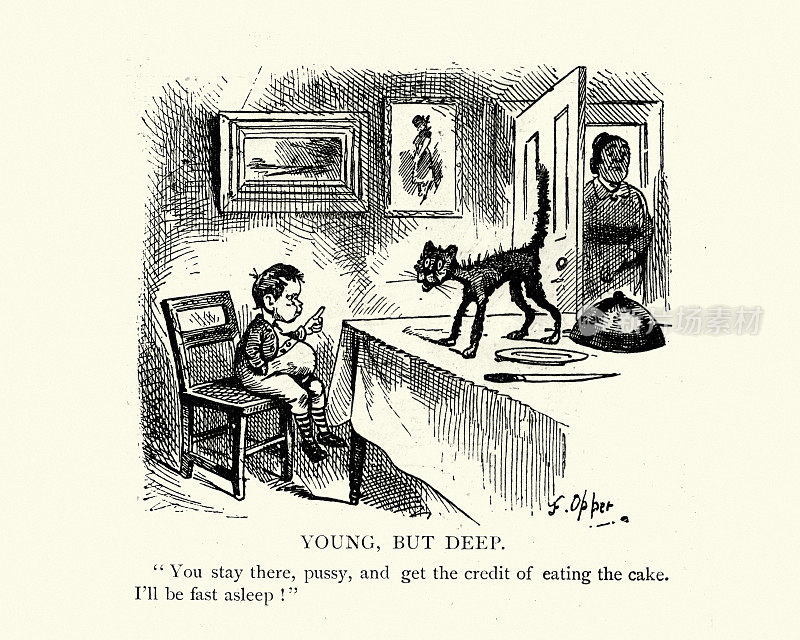 经典漫画，小男孩埋怨猫吃了蛋糕，19世纪维多利亚时代的幽默