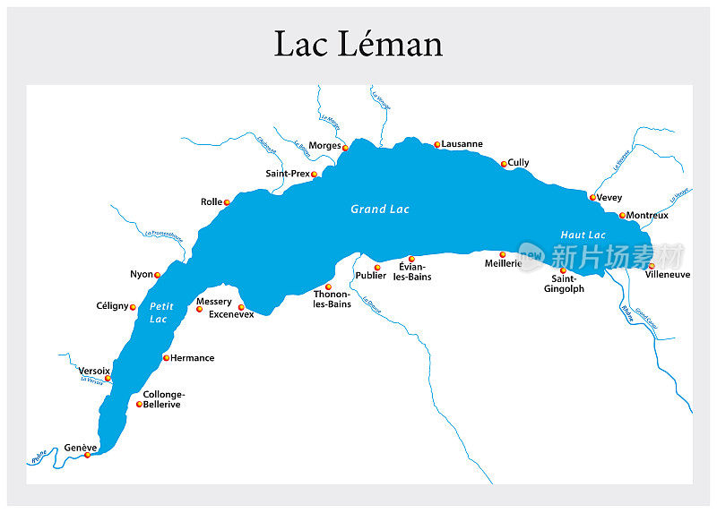 日内瓦湖的小轮廓地图，瑞士，法国