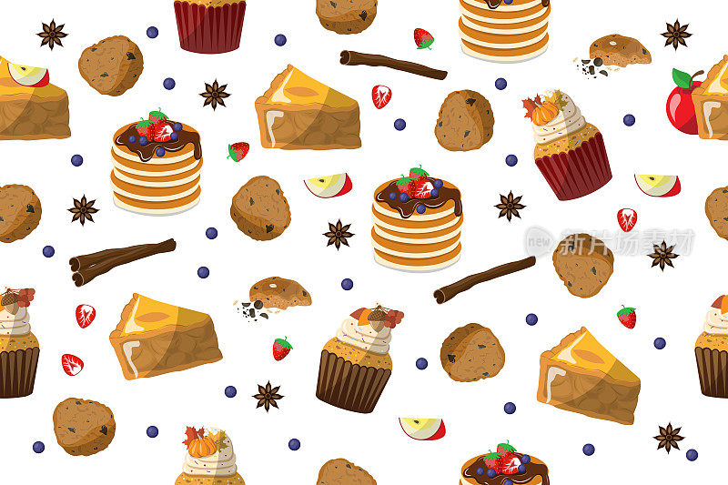 蛋糕无缝模式。苹果派，燕麦饼干，煎饼，巧克力，浆果，松饼，肉桂，八角。甜美的咖啡馆菜单背景，孩子的壁纸