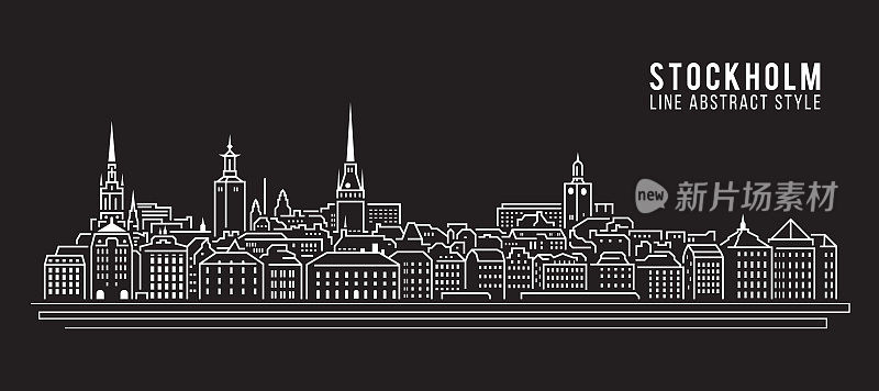 城市景观建筑线条艺术矢量插图设计-斯德哥尔摩城市