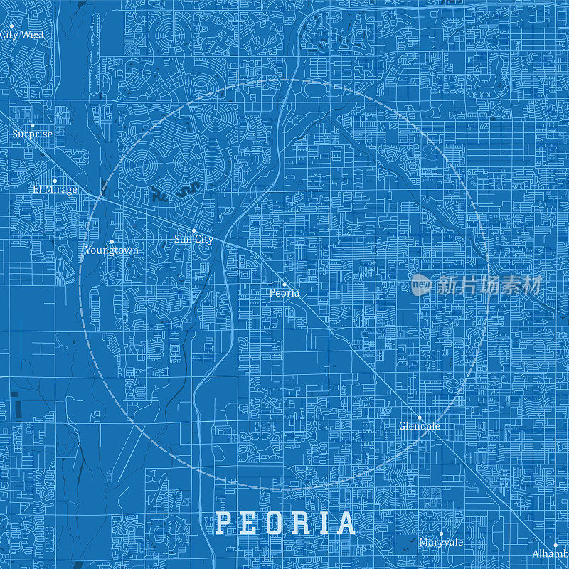 皮奥里亚AZ城市矢量道路地图蓝色文本