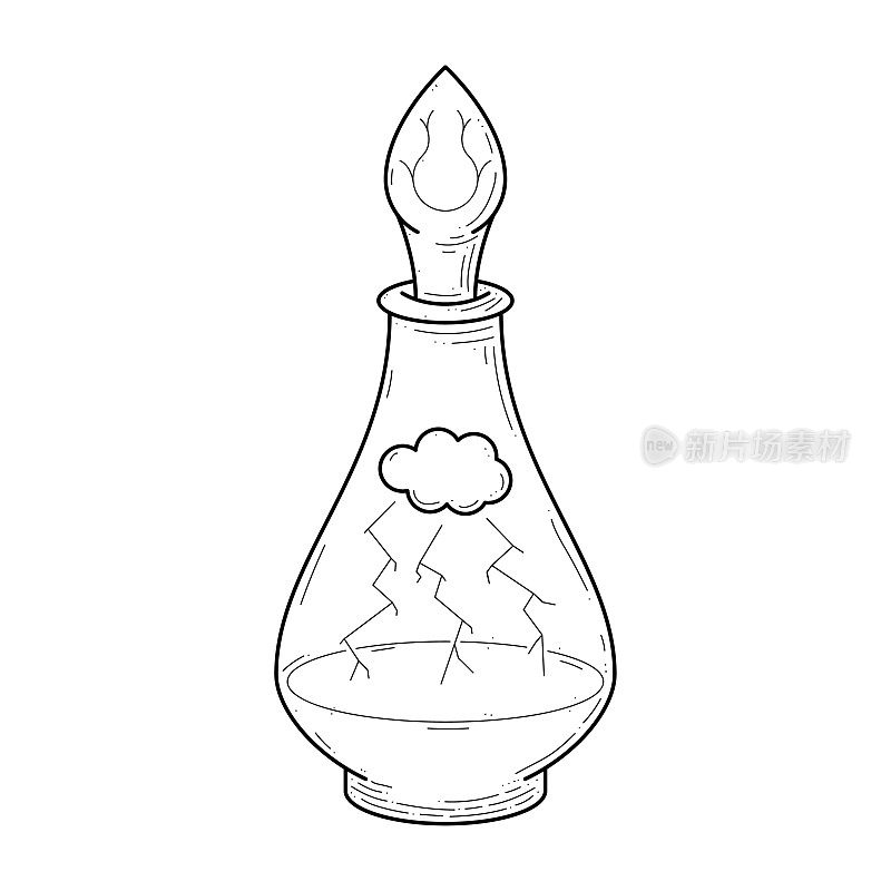 黑色简单线玻璃瓶涂鸦轮廓云雷雨闪电药水饮料仙丹液体元素矢量设计风格素描孤立插图魔法巫术