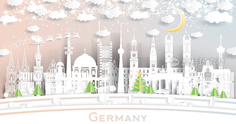 德国城市天际线剪纸风格与雪花，月亮和霓虹灯花环。