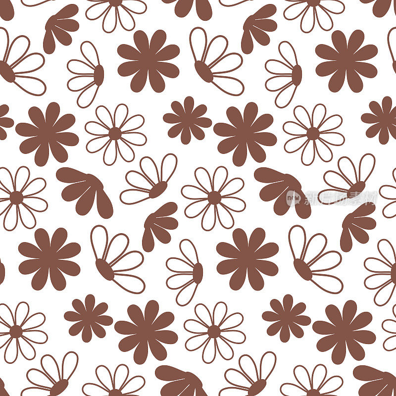 棕色花朵剪影上的白色时尚有机无缝图案，墙纸包装纺织品设计
