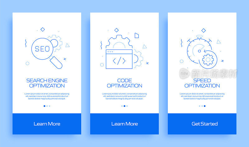搜索引擎优化概念Onboarding移动应用程序页面屏幕与平面图标。UI设计模板矢量插图