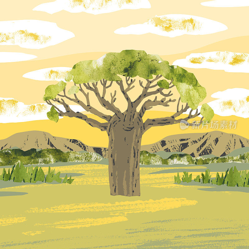 非洲大草原。向量树猴面包树。户外的保护区和国家公园。明亮的手画向量插图与树，山，草，灌木和日落