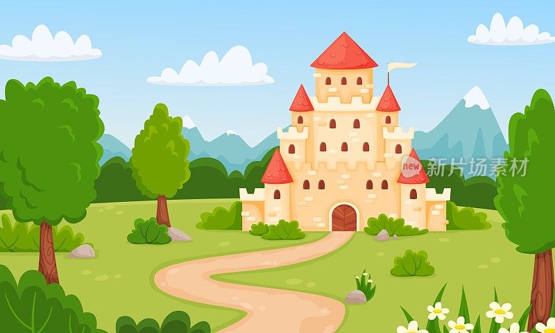 卡通中世纪城堡，童话般的风景，公主宫殿。魔幻王国森林堡垒，儿童童话矢量插图