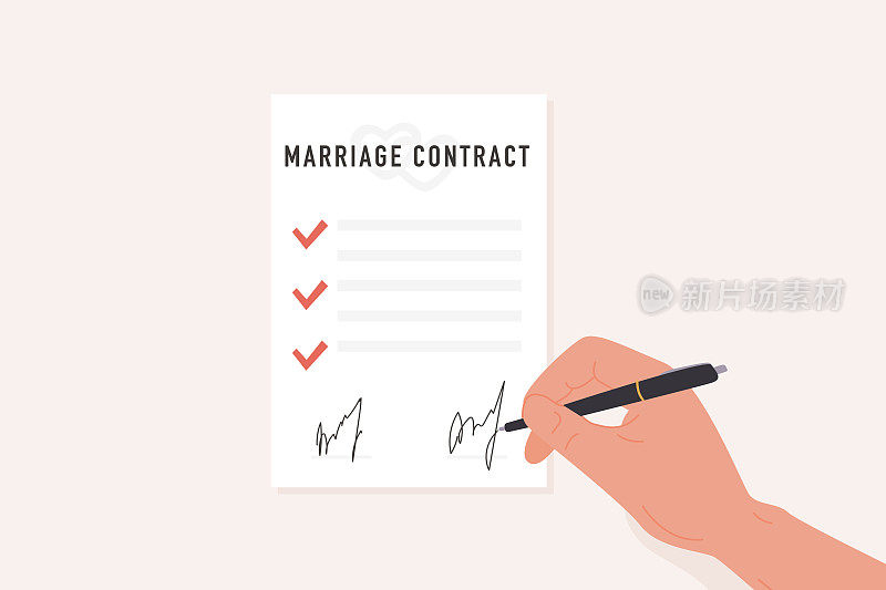 一个人手拿笔签婚约的平面风格插图。婚前协议签署证书。婚前协议表格，有勾号和签名。离婚文件。矢量插图。