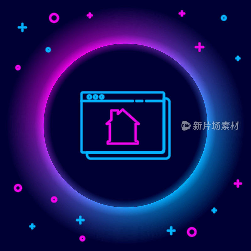 发光的霓虹灯线在线房地产房子在浏览器图标孤立在黑色背景上。住房贷款概念，租，买，买房。色彩斑斓的轮廓的概念。向量