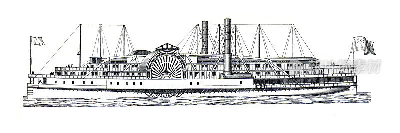蒸汽船。美国的轮船。手绘双螺旋桨汽船(蒸汽船)图